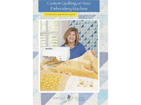 Book and CD with a woman quilting on an embroidery machine.