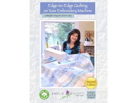 A woman smiles while quilting on an embroidery machine, with "Second Edition" visible.