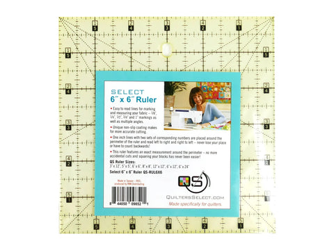 A 6 by 6 inch Quilters Select non-slip quilting ruler with product information.