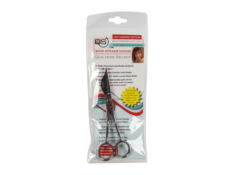 Left-handed Quilters Select Wave Applique Scissors in clear packaging.