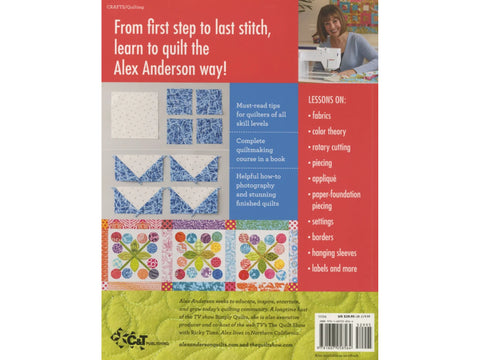 A book cover for "All Things Quilting With Alex Anderson" shows quilting patterns and a woman sewing.