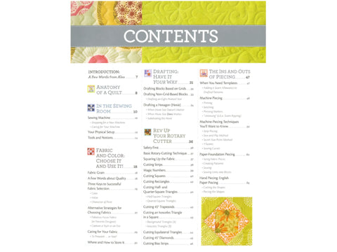 A table of contents for a quilting book, with sections on drafting, piecing, and fabric.