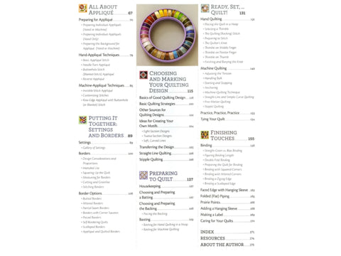 A table of contents for a quilting book, showing chapters on appliqué, quilting design, and finishing touches.