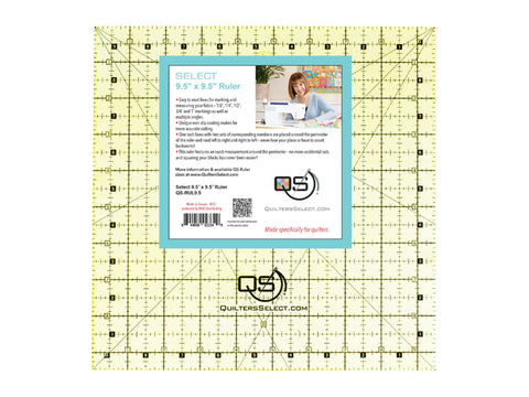 A 9.5 by 9.5 inch Quilters Select non-slip quilting ruler with a woman sewing.