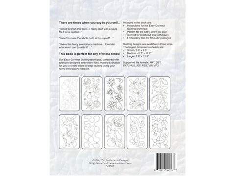A book cover with text and ten outlined quilting designs, including flowers, leaves, and stars.