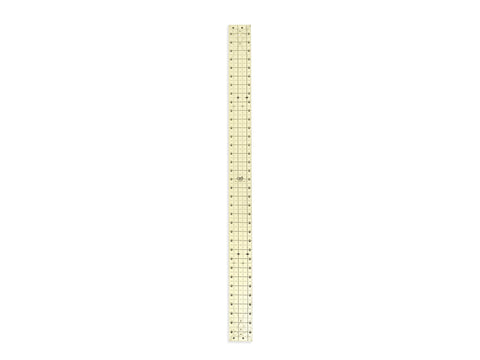 A clear quilting ruler with black grid lines and numbers, measuring 2.5 by 36 inches.