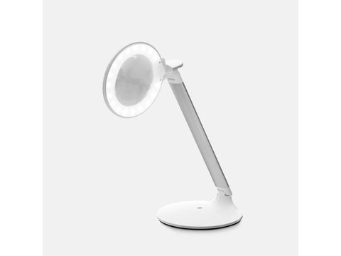 A white and silver rechargeable magnifier lamp with a circular illuminated head.