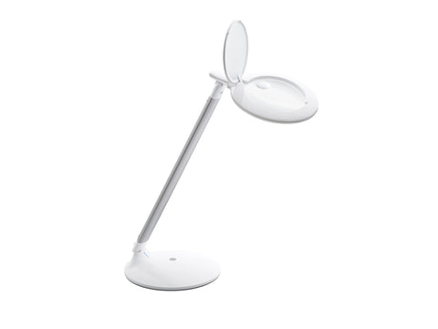 Daylight Halo Go Rechargeable Magnifier, white with a silver arm, shown with the lid open.