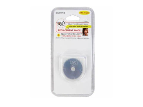 Three 28mm Quilters Select replacement rotary blades in clear packaging.