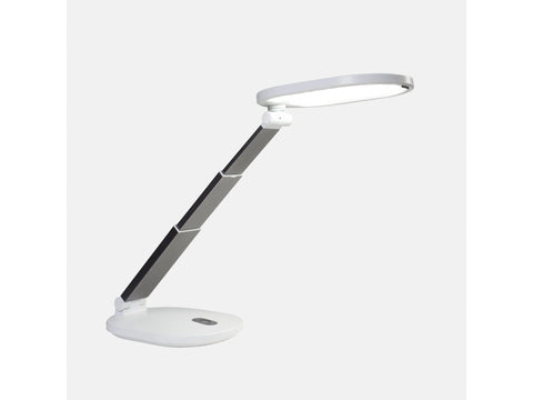 A white and gray rechargeable table lamp with an illuminated oval head.