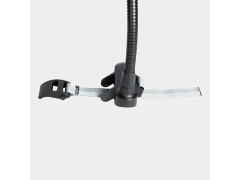 Black flexible gooseneck lamp with a gray strap and buckle attachment.