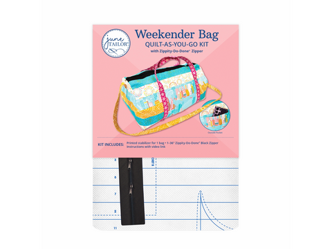 A June Tailor Weekender Bag Quilt-As-You-Go Kit with a colorful quilted bag.