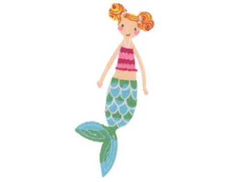 A cartoon mermaid with blonde pigtails, a pink striped top, and a blue and green tail.