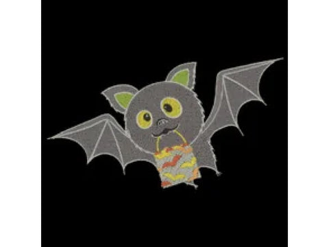 A cartoon bat with green ears and yellow eyes holds a trick-or-treat bag.