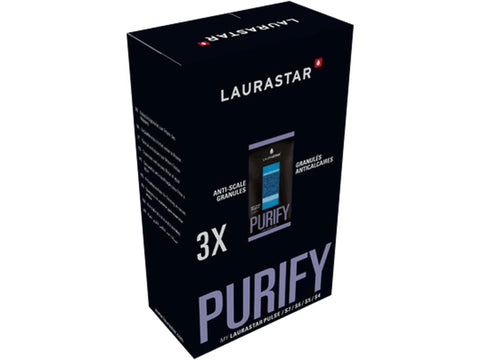 A dark blue box of Laurastar Anti-Scale Granules Refills, 3X Purify.