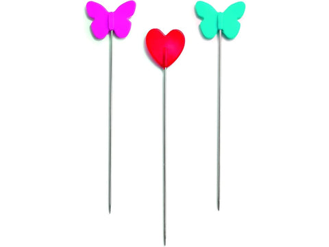 Fifty flat head pins with pink butterflies, a red heart, and turquoise butterflies.