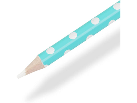 A turquoise pencil with white polka dots and a sharpened white lead.