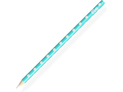 Turquoise Prym Love marking pencil with white polka dots and a sharpened white lead.