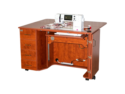 A cherry wood sewing cabinet with four drawers and a white sewing machine on top.