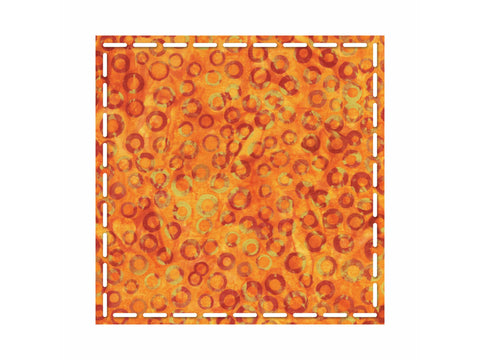 An orange fabric square with a circular pattern and a dashed white border.