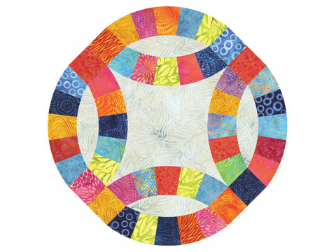 A colorful Double Wedding Ring quilt block with various patterned fabrics.