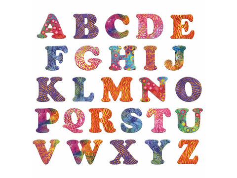 A complete set of uppercase alphabet letters, each with a unique colorful pattern.