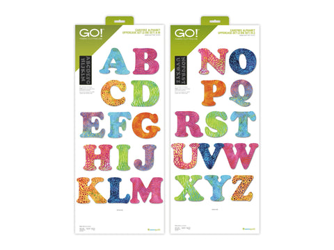 Two AccuQuilt GO! Carefree Alphabet Uppercase die sets, A-M and N-Z, are displayed.
