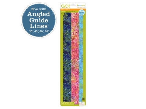 AccuQuilt GO! Strip Cutter die with angled guide lines and three fabric strips.
