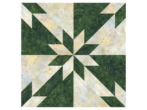 A green and cream Hunter Star quilt block with a central star design.