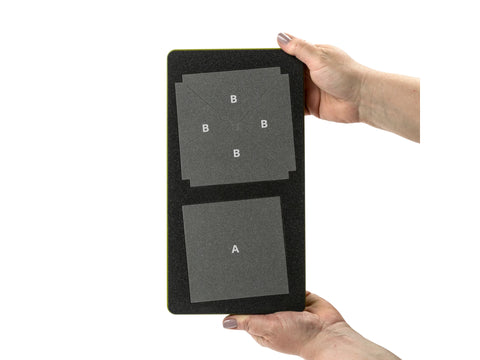 A person holds an AccuQuilt GO! Ohio Star die with fabric pieces labeled A and B.