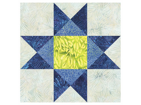 A quilt block featuring a yellow center star with blue points on a white background.