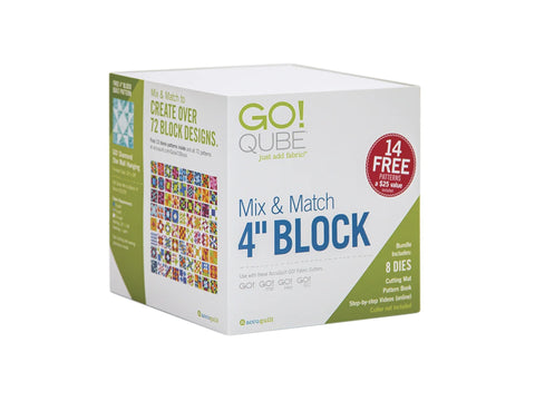AccuQuilt Qube Mix & Match 4" Block kit with dies, mat, and pattern book.