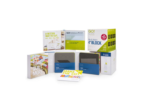 A collection of AccuQuilt Qube Mix & Match Block 4" quilting products.