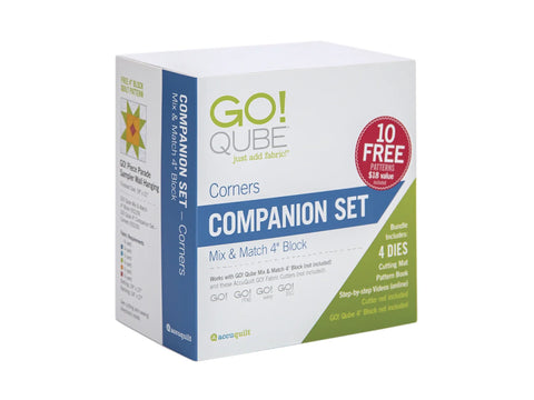 A white box for the AccuQuilt GO! Qube Companion Set - Corners, featuring green and blue accents.