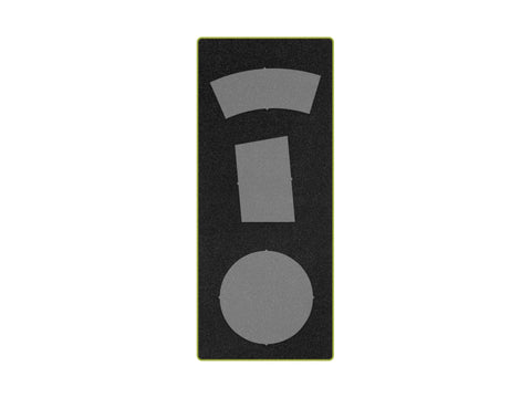 AccuQuilt die with three hat-making shapes: a curved rectangle, a trapezoid, and a circle.