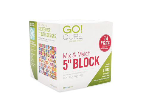 A white box for the AccuQuilt Qube Mix & Match 5 inch Block, showing product details and quilt patterns.