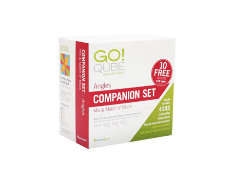 A white box for the AccuQuilt Qube Companion Angles 5" set, featuring red and green accents.