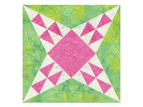 A quilt block with a central pink square, surrounded by white and pink triangles, on a green background.