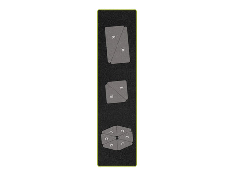 A black rectangular AccuQuilt Pine Burr Die with three sets of gray shapes labeled A, B, and C.