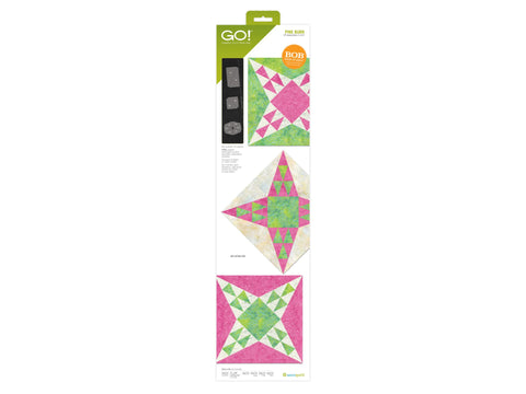 AccuQuilt GO! Pine Burr fabric cutting die with examples of quilted blocks.