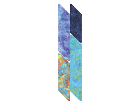 Four fabric strips in various blue, purple, and orange patterns are arranged vertically.