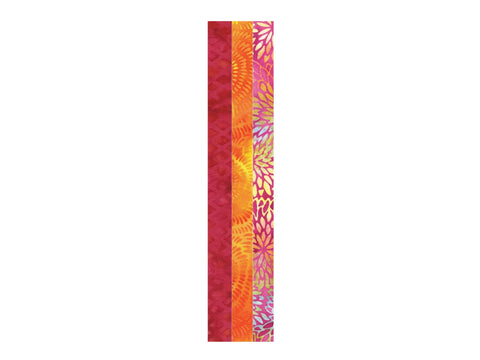 Four strips of fabric in shades of red, orange, yellow, and pink with various patterns.