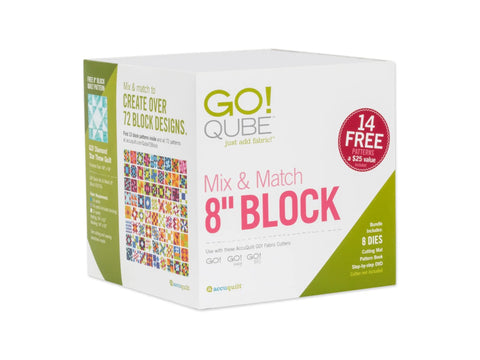 An AccuQuilt Qube Mix & Match 8 inch Block set is shown in its white and green packaging.