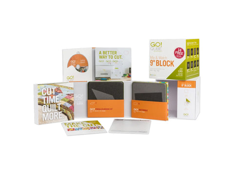 A collection of AccuQuilt GO! Qube Mix & Match Block 9" products and accessories.