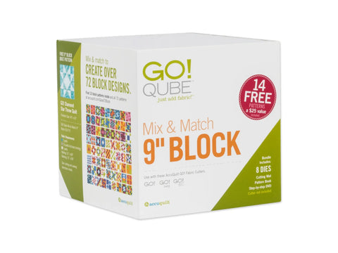 A white box for the AccuQuilt Qube Mix & Match 9" Block with green and orange text.