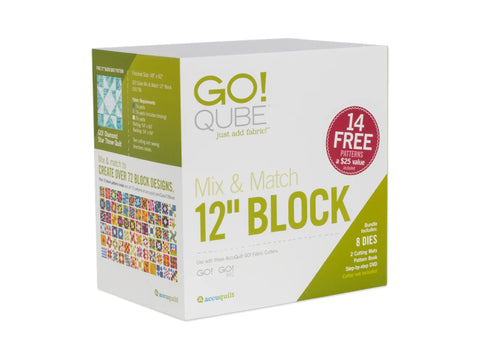 AccuQuilt Qube Mix & Match 12" Block box with product details and quilt patterns.