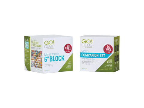 Two AccuQuilt GO! Qube sets, one for 6" blocks and one for corners, are displayed.