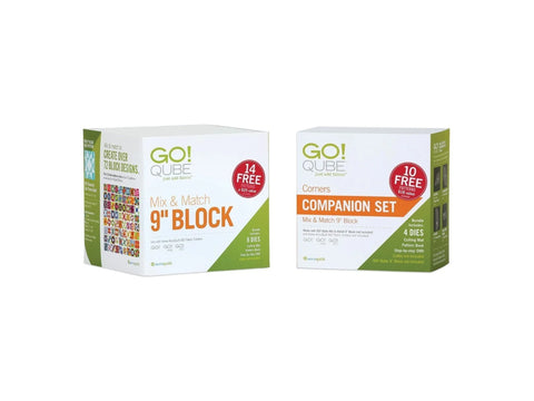 Two AccuQuilt GO! Qube fabric cutting sets are displayed on a white background.