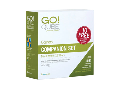 A white box for AccuQuilt GO! Qube Companion Set Corners 12" with green accents.