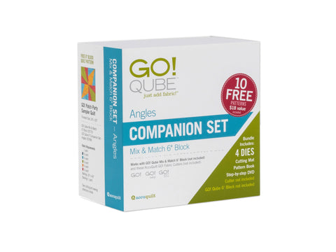 A white box for AccuQuilt Qube Companion Angles 6" with green and blue accents.